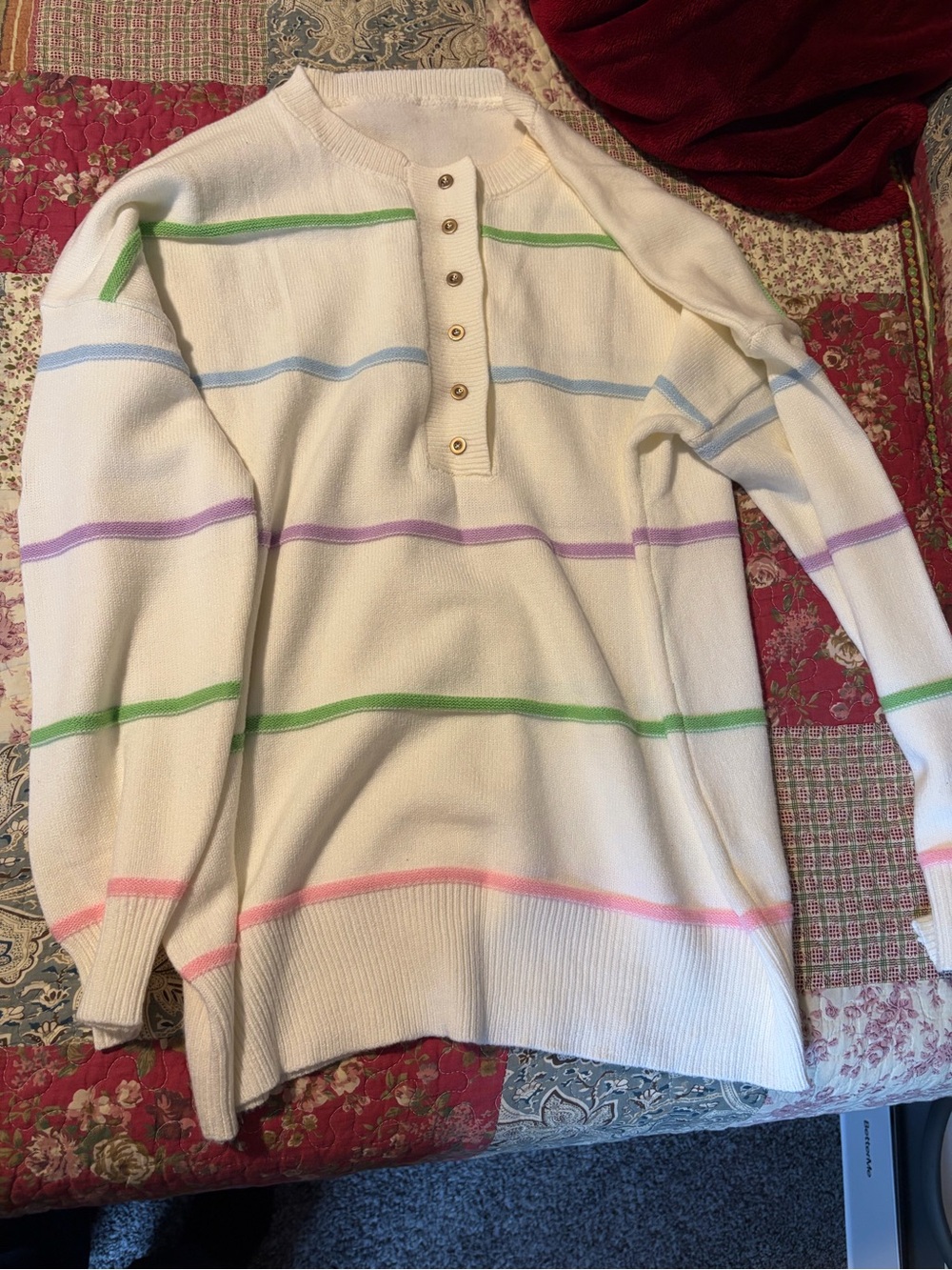 Women's Cream Stripe Henley Sweater with Pastel Accents